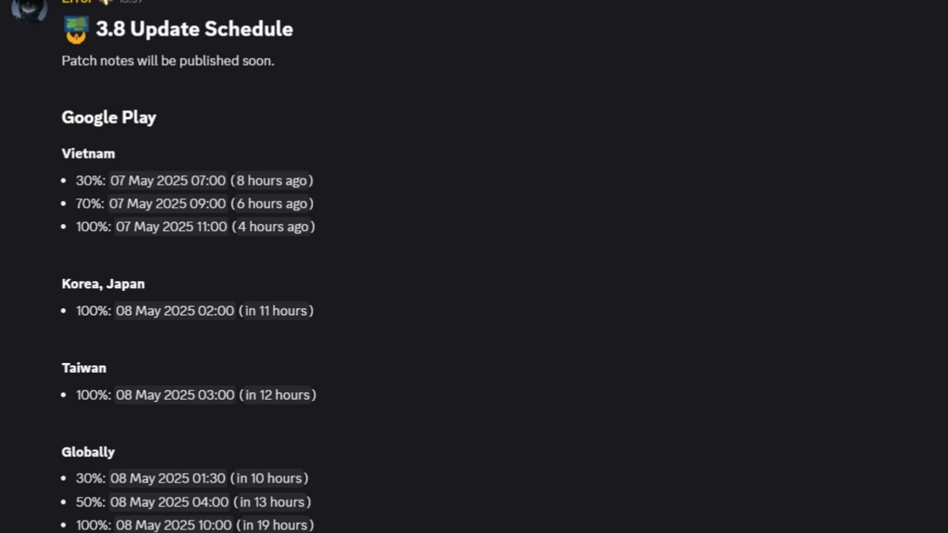 PUBG Mobile 3.8 update release date and timings on Google Play Store in UTC (Image via Discord/PUBG Mobile)
